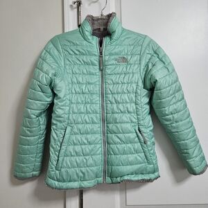 The North Face Green Reversible Jacket Coat Gray Sherpa Fleece Puffer Girls Lg
